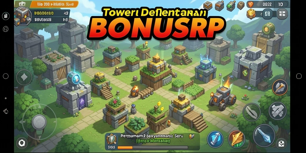 Tampilan gameplay BONUSRP dengan menara yang mempertahankan gelombang musuh.