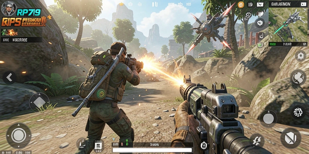 Screenshot gameplay RP79 menampilkan aksi mendebarkan dalam pertempuran TPS.