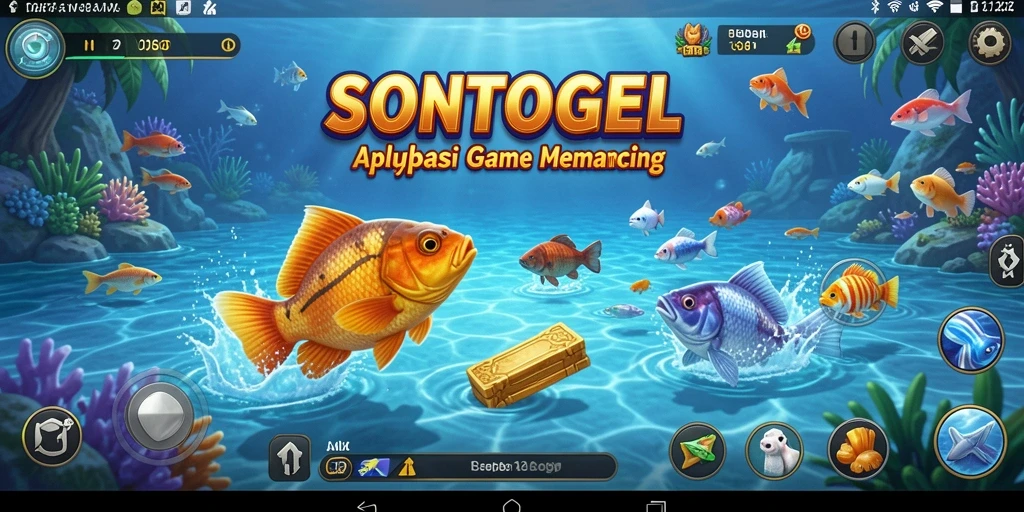 Tampilan gameplay SONTOGEL yang menarik saat memancing di lokasi indah.